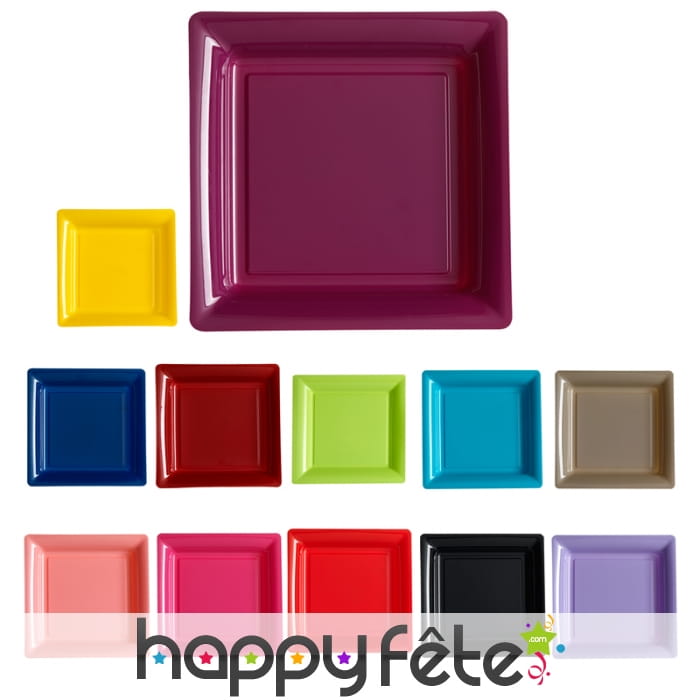 Assiettes carrées en plastique coloris uni