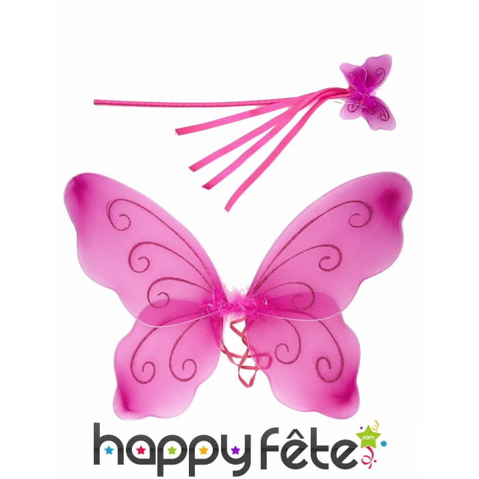 Ailes et baguette de papillon rose pour enfant