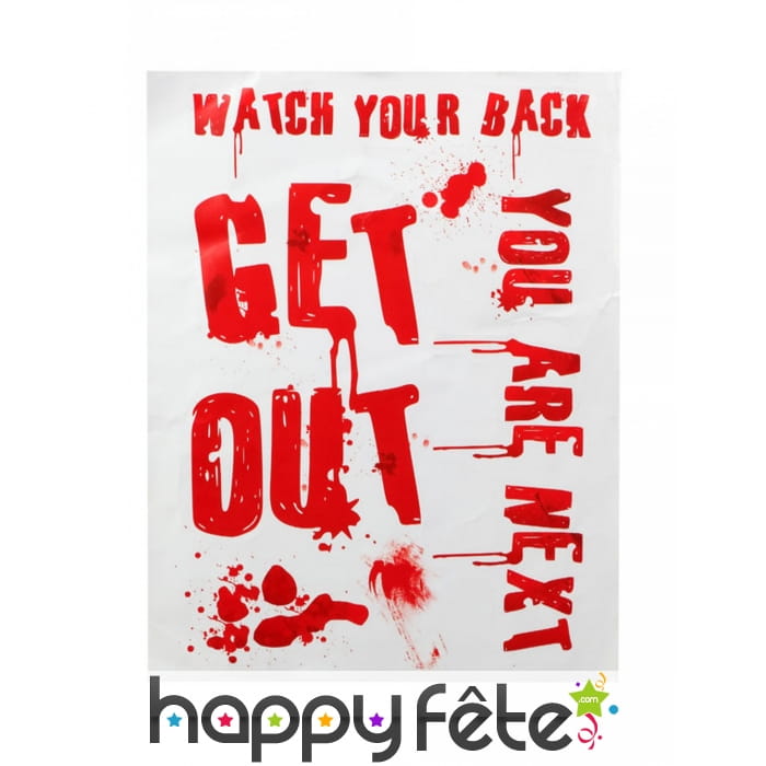 Affiche get out avec tâches de sang, 42 x 19 cm