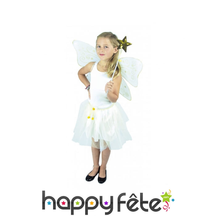 Ailes, tutu et baguette blanc doré de petite fée