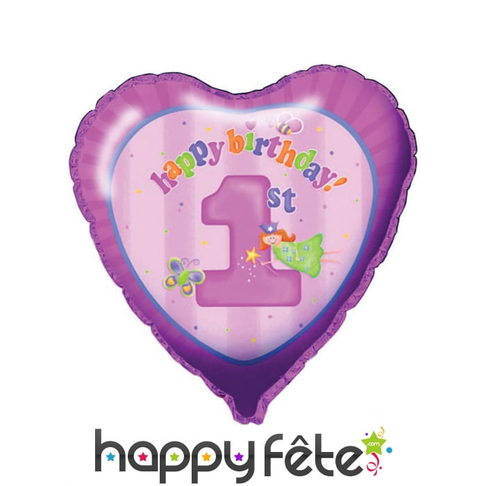 Ballon 1er anniversaire rose en forme de coeur