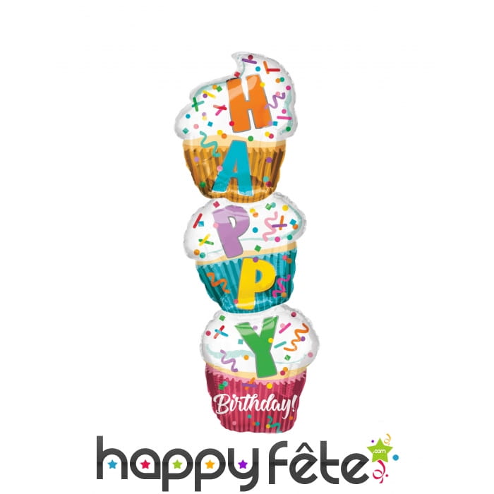 Ballon 3 cupcakes Happy Birthday, 33 x 104 cm