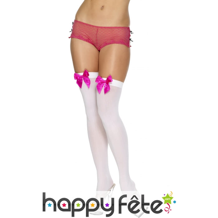 Bas autofixants blancs noeud fuschia