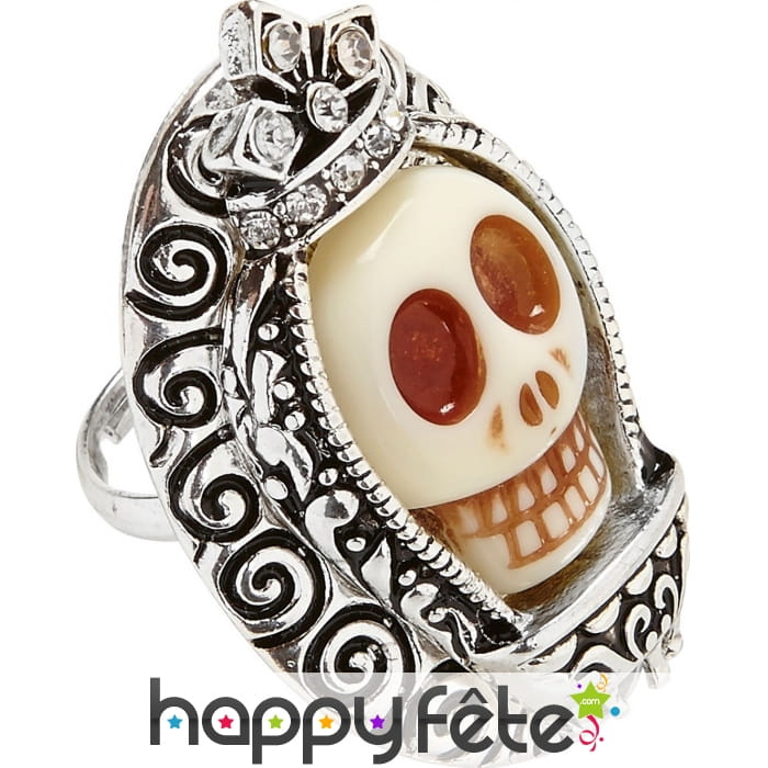 Bague argentée crâne marron blanc de 4x3cm