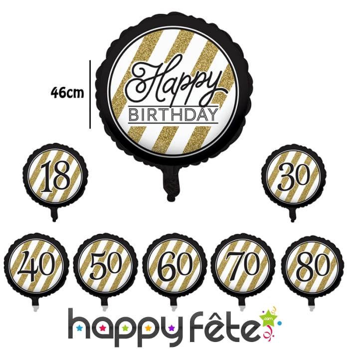 Ballon aluminium d'anniversaire noir et or