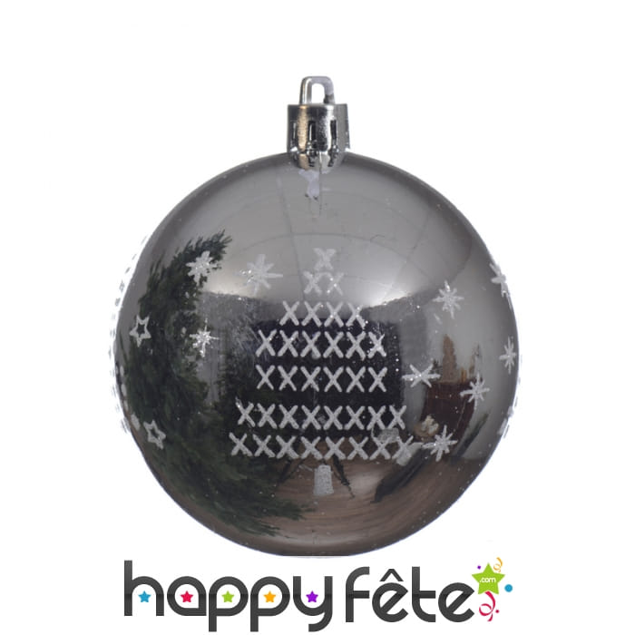 Boule argentée de Noël sapin et flocons 8cm