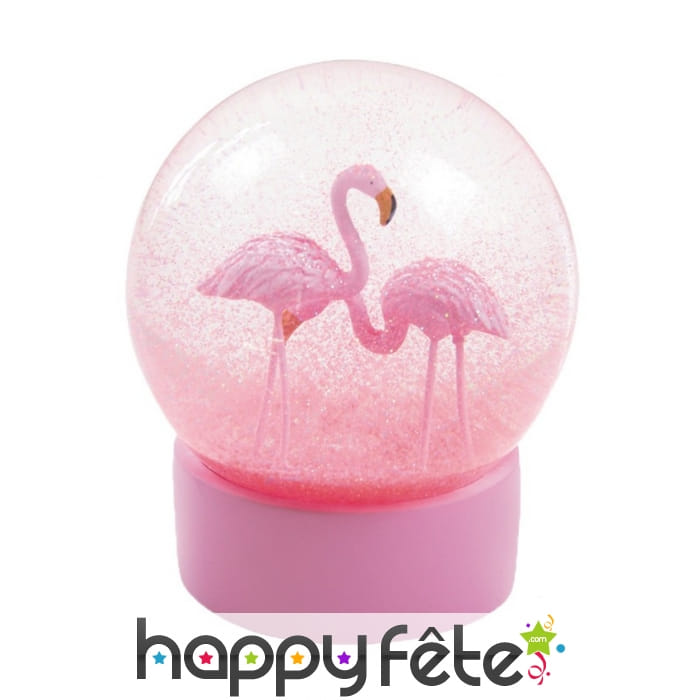Boule à neige rose avec 2 flamants roses, 13 cm