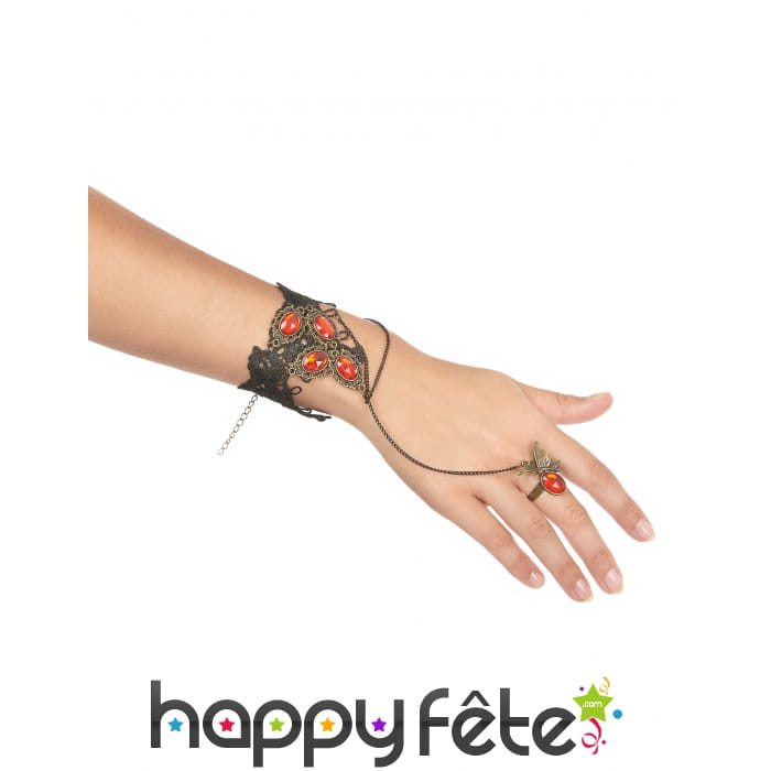 Bracelet bague avec gemmes rouges