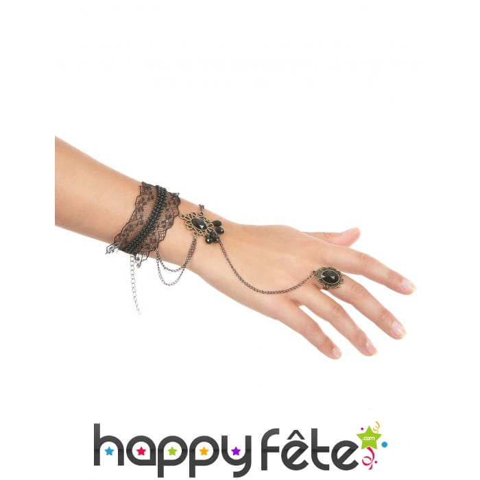 Bague bracelet dentelle noire avec gemmes noires