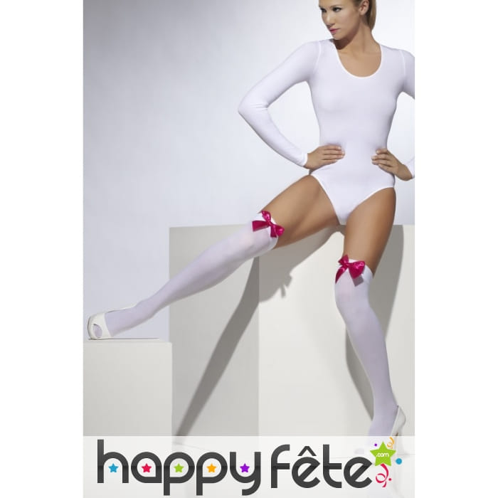 Bas blanc opaque avec ruband rose fuchsia