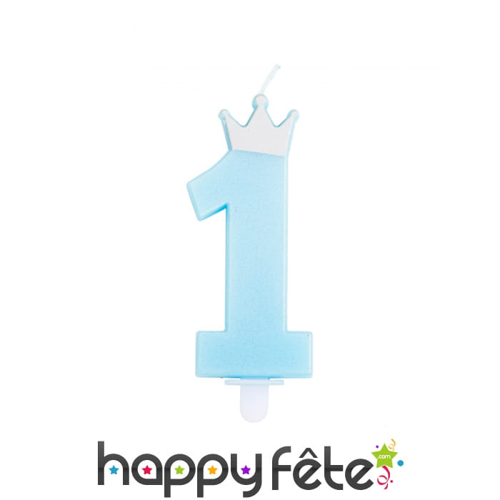 Bougie chiffre 1 bleue avec couronne, 9,5 cm