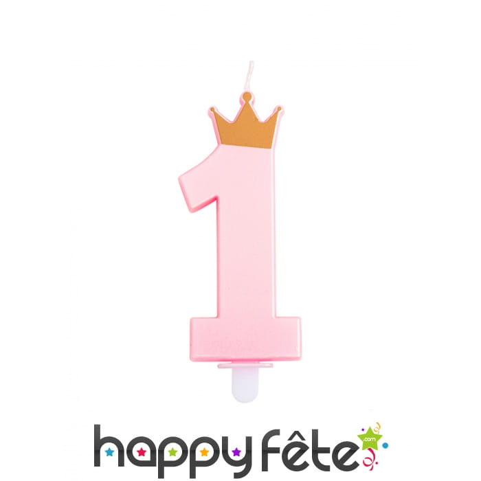 Bougie chiffre 1 rose avec couronne de 9,5 cm