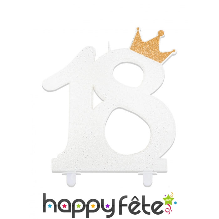 Bougie chiffre 18 blanche avec couronne de 12 cm