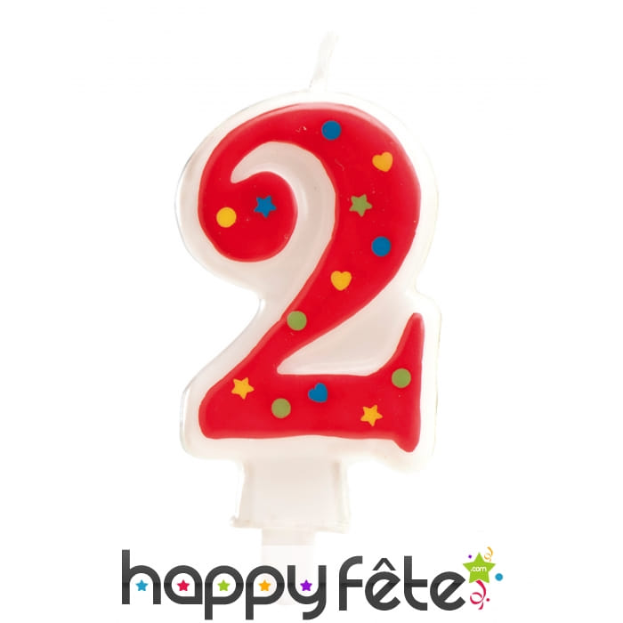 Bougie chiffre 2 rouge à pois multicolores