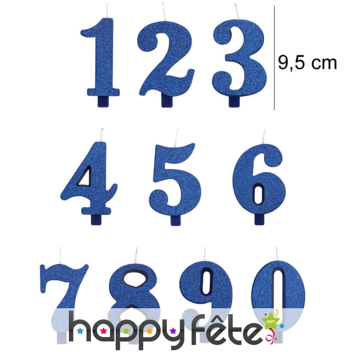 Bougie chiffre bleue à paillettes de 9,5 cm