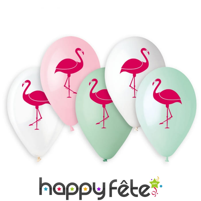 Ballons colorés imprimé flamant rose, par 5