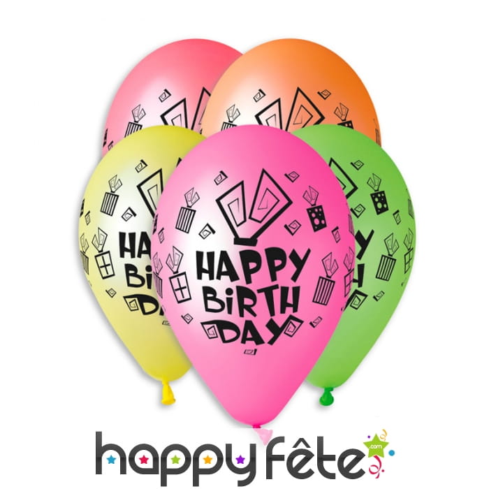 Ballons colorés imprimé Happy Birthday, par 5