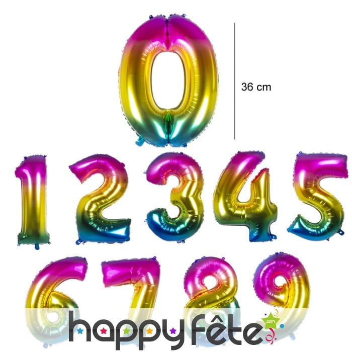 Ballon chiffre multicolore en alu de 36 cm