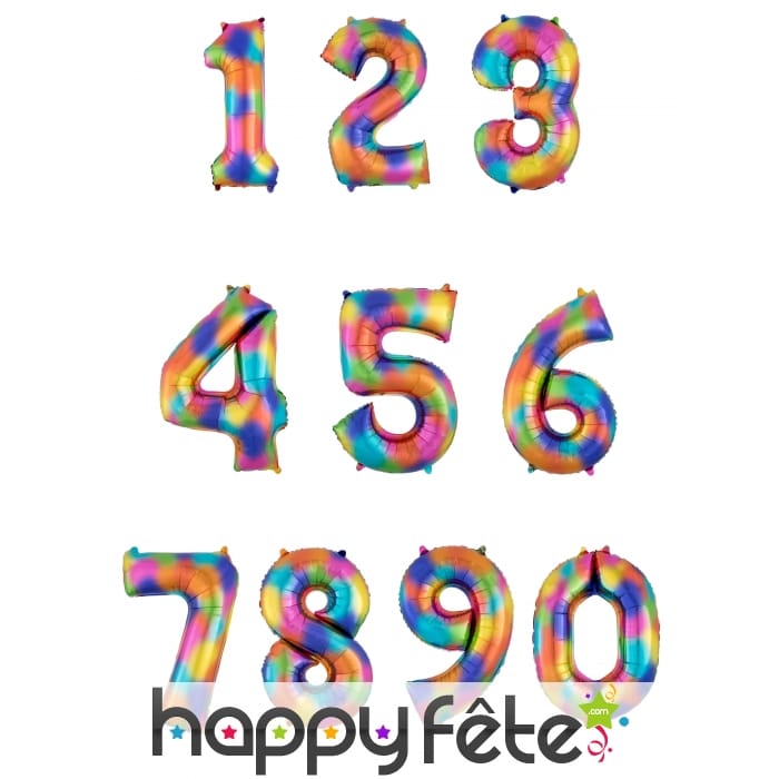 Ballon chiffre multicolore en aluminium, 88cm