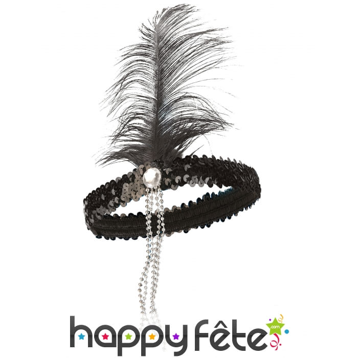 Bandeau charleston noir, plumes et sequins