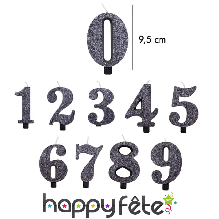Bougie chiffre noire à paillettes de 9,5 cm