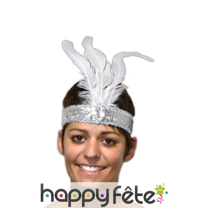 Bandeau charleston pailletteé argent 3plumes