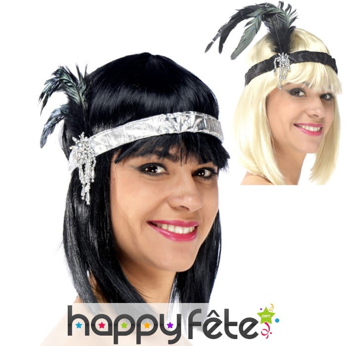 Bandeau charleston plumes et perles argentées