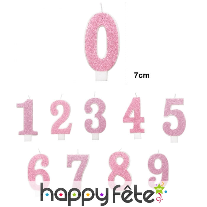 Bougie chiffre rose à paillettes de 7 cm