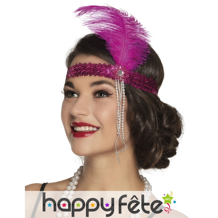 Bandeau charleston sequins rose avec plume