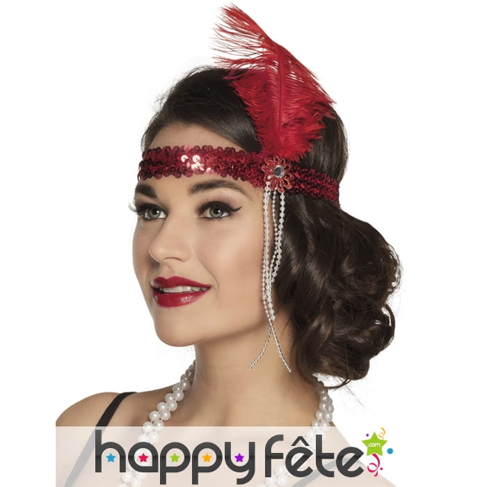 Bandeau charleston sequins rouge avec plume