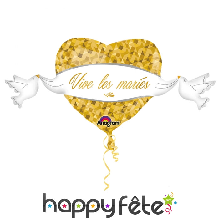 Ballon coeur vive les mariés, doré