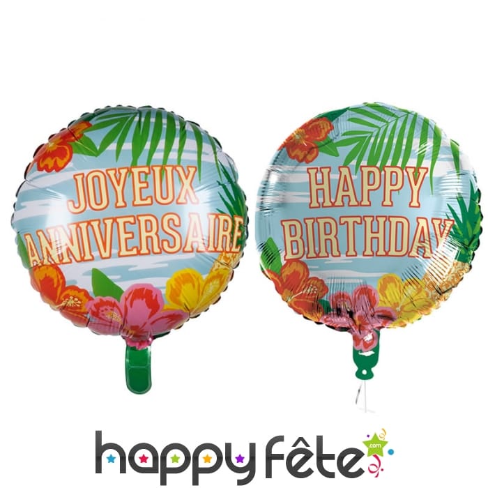 Ballon d'anniversaire rond métallisé hawai, 45cm
