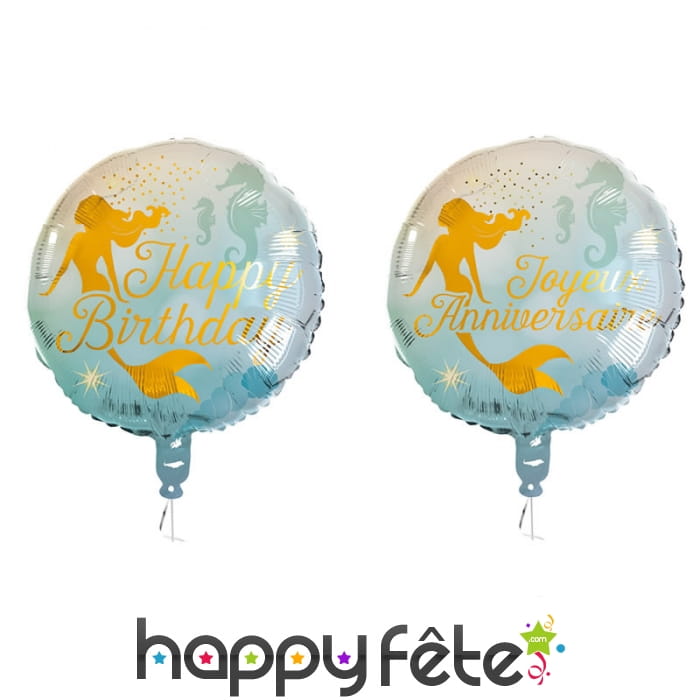 Ballon d'anniversaire rond métallisé sirène, 45cm
