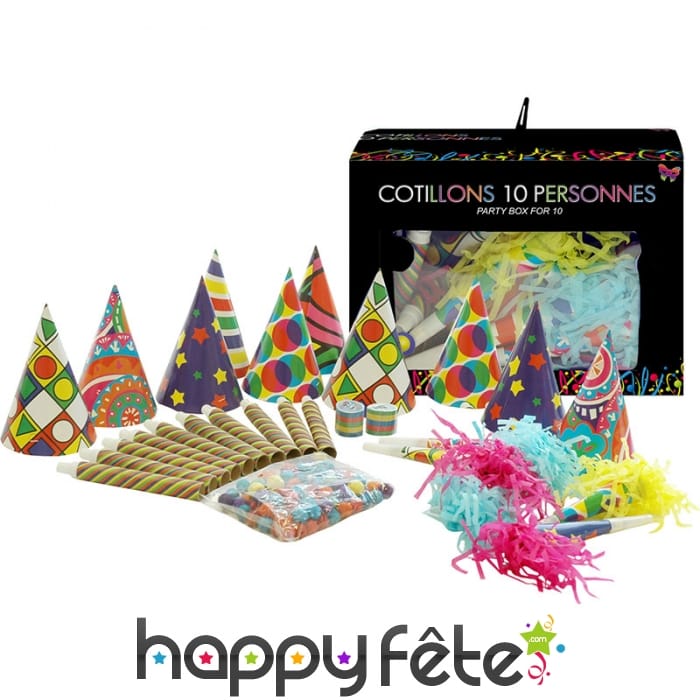 Boite de cotillons multicolores pour 10 personnes