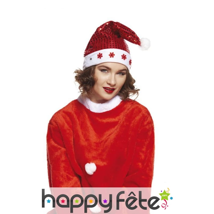 Bonnet de Noël pailleté rouge et lumineux