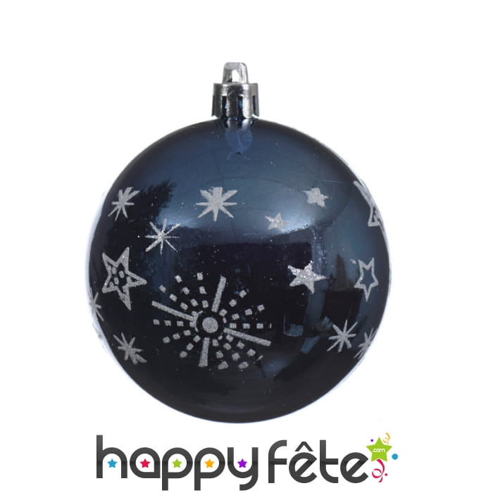 Boule de Noël étoiles et flocons sur fond bleu 8cm