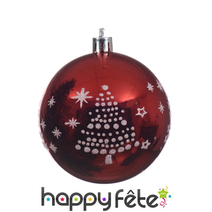 Boule de Noël rouge flocon et sapin 8cm