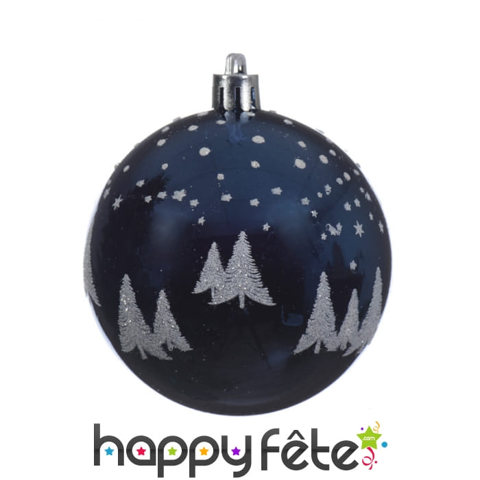 Boule de Noël sapin pailleté sur fond bleu 8cm