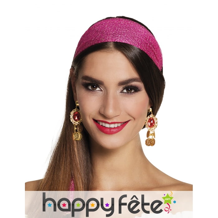 Boucles d'oreille dorées orientales, pierre rouge