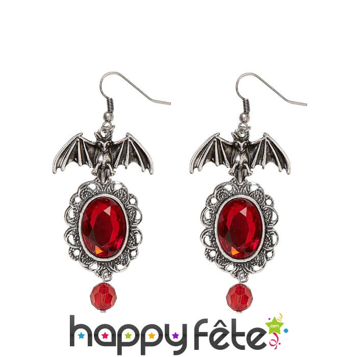 Boucles d'oreilles chauve souris et pierre rouge