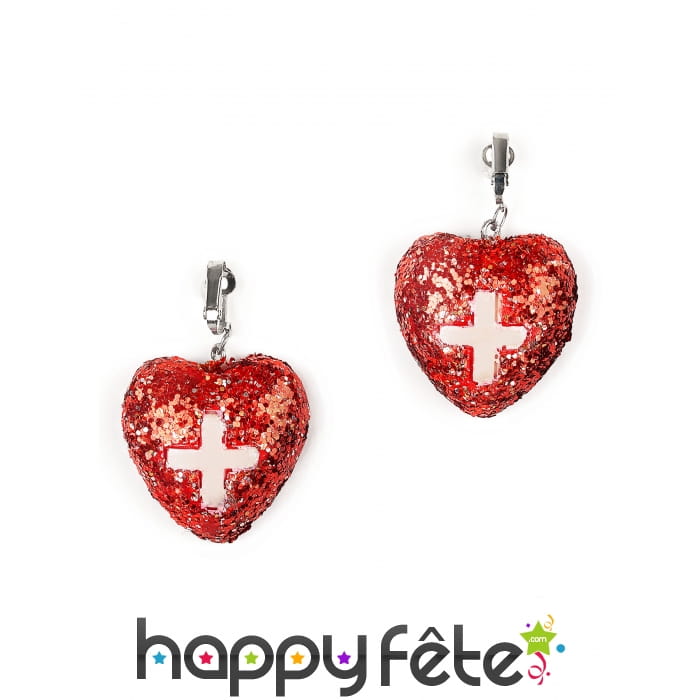 Boucles d'oreilles d'infirmière, coeurs pailletés