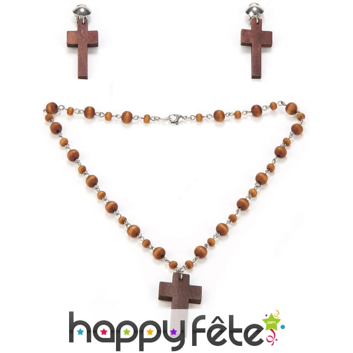 Boucles d'oreilles et collier croix en bois marron