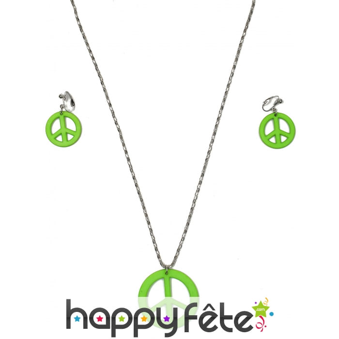 Boucles d'oreilles et collier vert peace and love