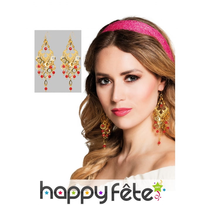 Boucles d'oreilles orientales rouges dorées