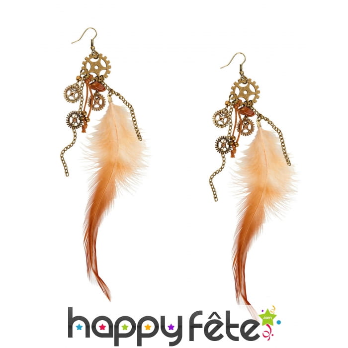 Boucles d'oreilles Steampunk plumes et engrenages