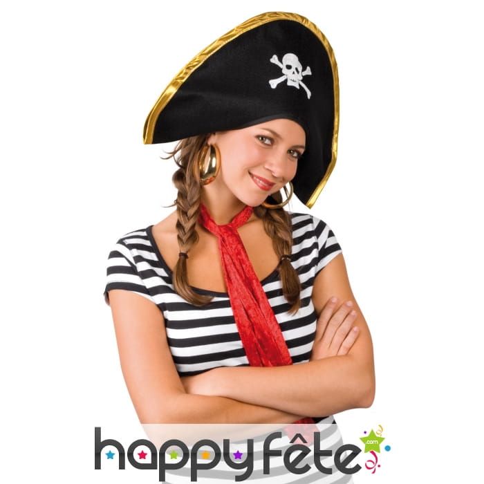 Bicorne de pirate noir motif tête de mort