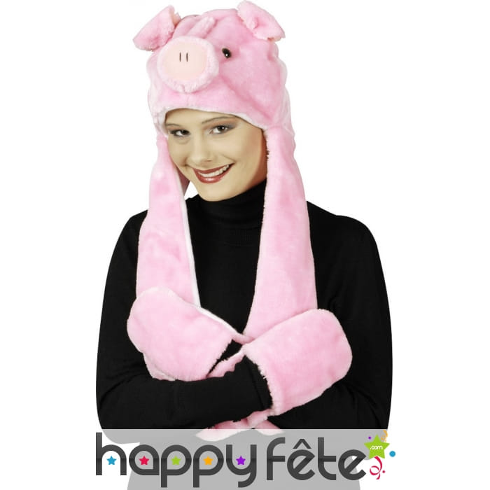 Bonnet écharpe cochon rose