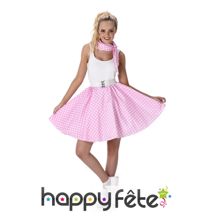 Bandana et jupe années 50 rose clair poids blancs