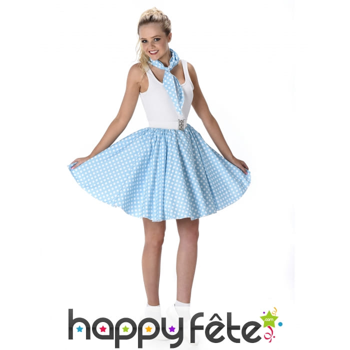 Bandana et jupe bleue claire à pois 50's