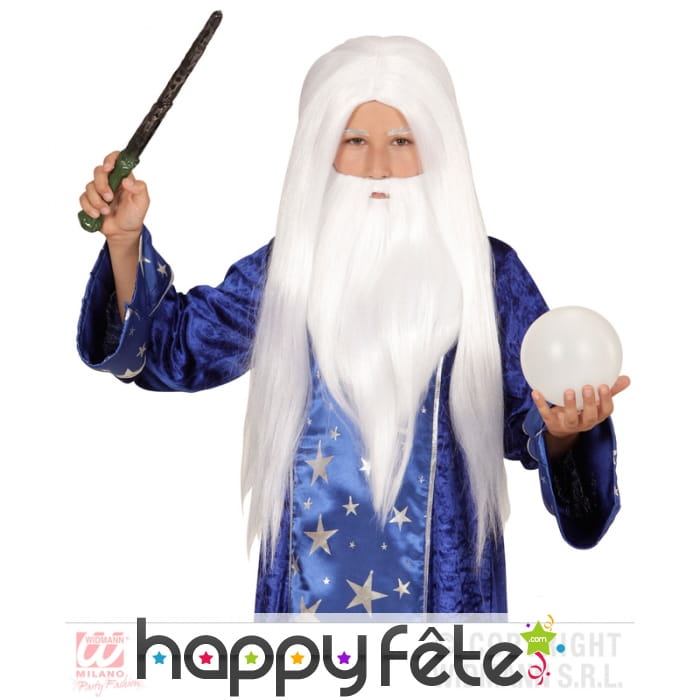 Barbe et perruque blanche de magicien pour enfant